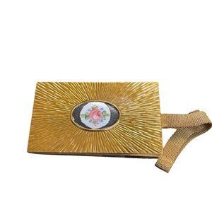 Evans Guilloche 1950 Gold Tone Compact Case with Floral Design and Mesh Strap Re